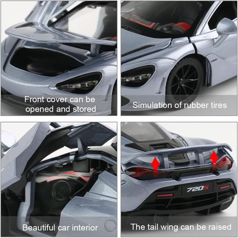 Image of Kids Model 1:32 Mc-Laren 720s Die Cast Metal Car Pull Back Action Opening Doors with Realistic Engine Sound Lights Toy Car Gift for Boys - Silver