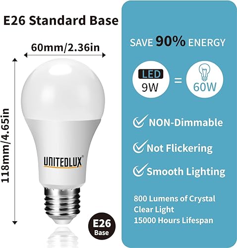 Miniatura 2 de UNITEDLUX Bombillas LED A19 de 9 W equivalentes a 60 W, 800 lúmenes CRI 90+ blanco cálido 3000 K, base estándar E26, bombillas de CA no regulables