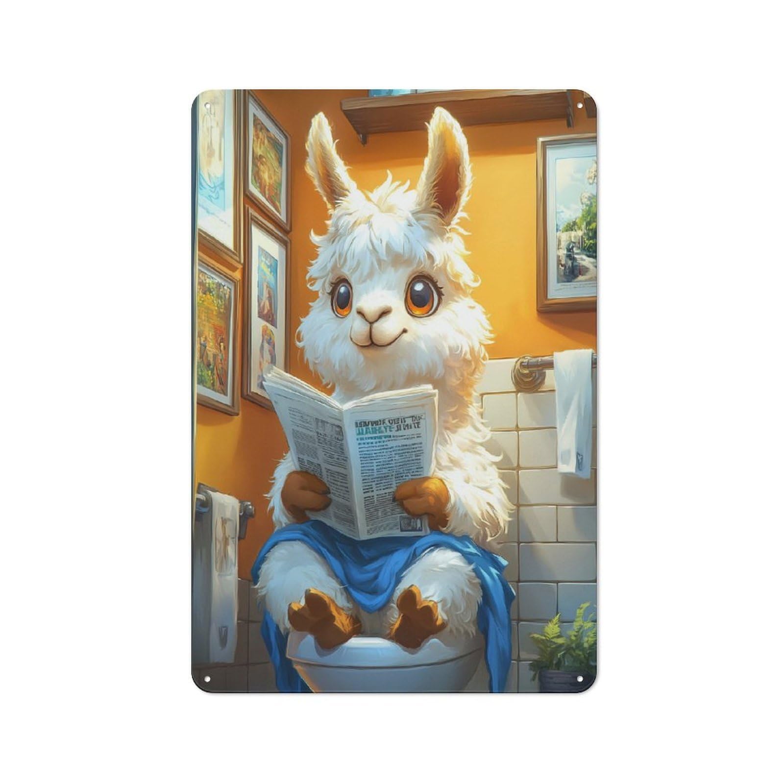 Junmoney Style-5 For Lounge Or Reading Corner, Llama Reading Newspaper On Toilet Retro Tin Sign 30X20cm, Gift For Reading Corner Decorators During The Christmas Season