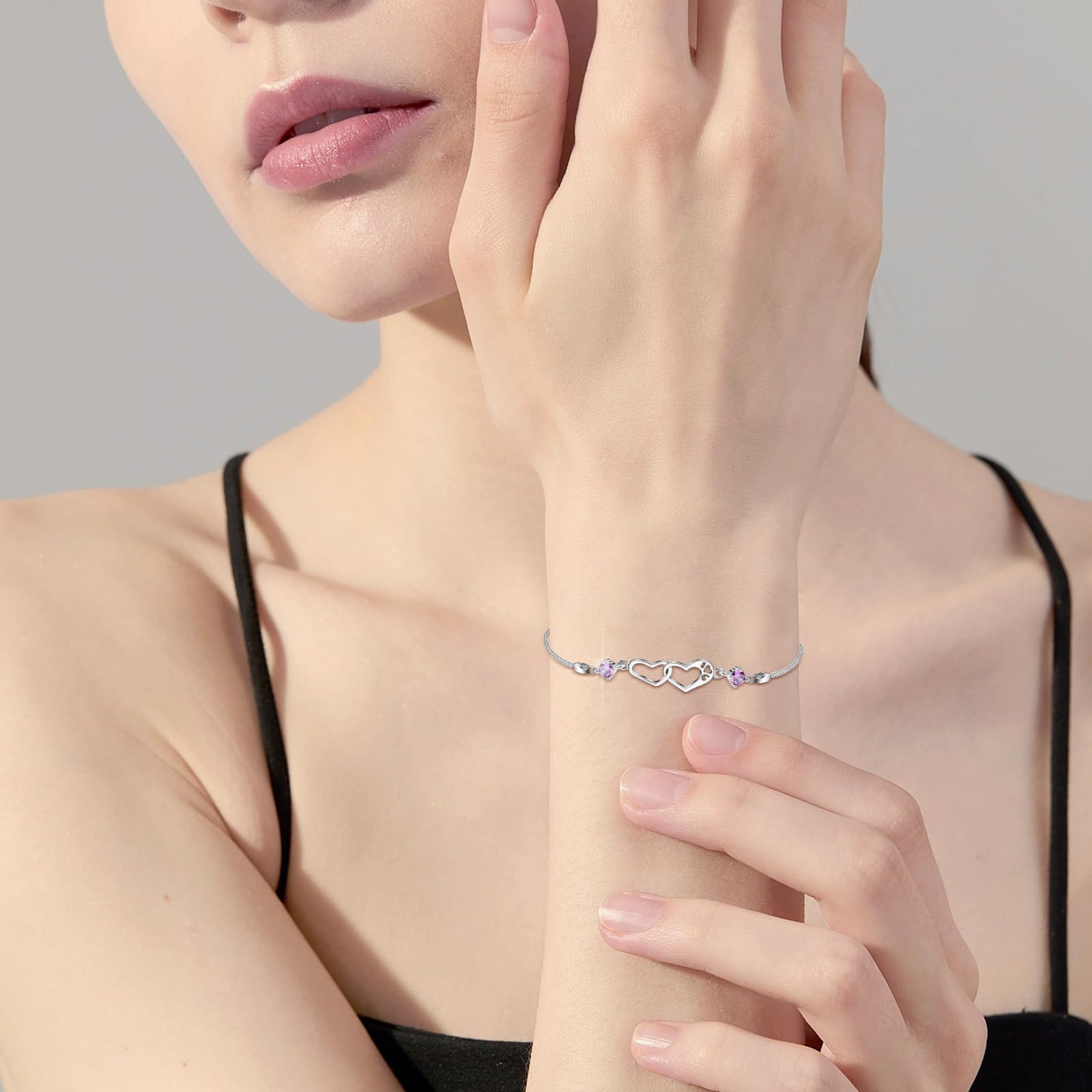 FANCIBAND Pulsera de mujer de plata 925 con doble corazón con circonita púrpura, personalizada, pulseras de mujer plateadas, regalo de cumpleaños de San Valentín para ella esposa novia, Talla única,