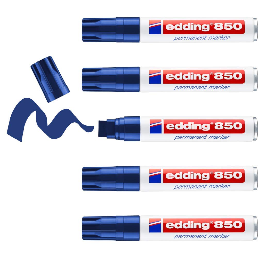 edding 850 Permanentmarker - blau - 5 Stifte - Keil-Spitze für breite Markierungen - wasserfest, schnell-trocknend, wischfest - für Karton, Kunststoff, Holz, Metall, Glas E-850 5 - 16mm
