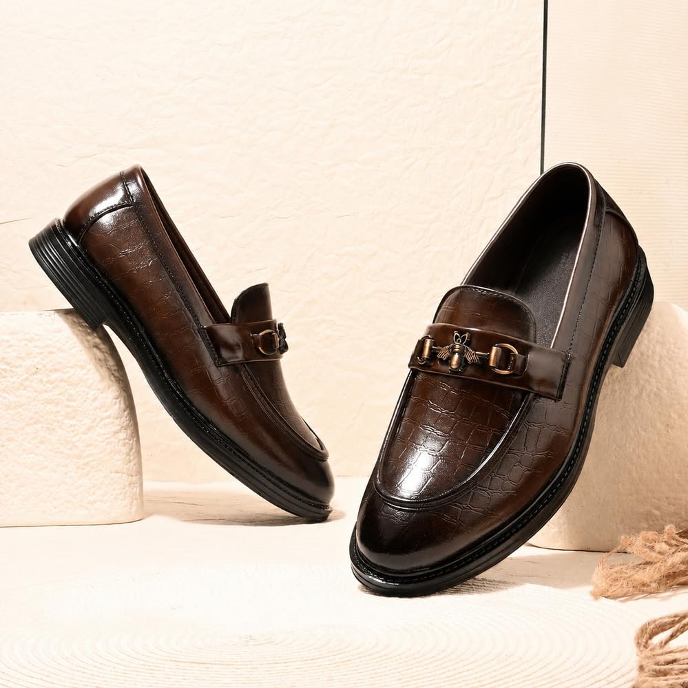 Image of Mens Formal Leather Loafers | Slip on Lightweight Office Shoes | Stylish Black Footwear for Men
