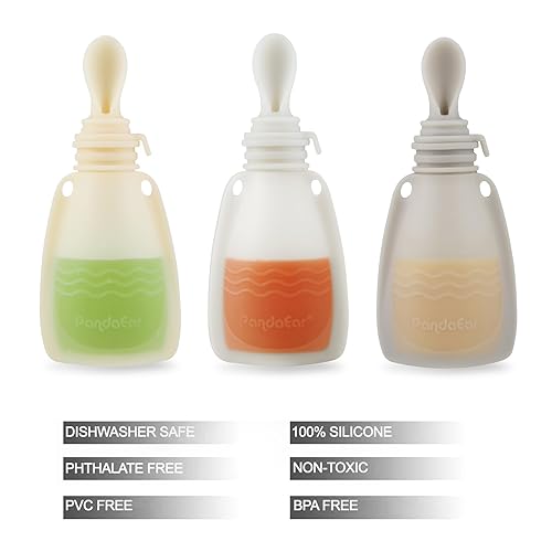 Miniatura 3 de PandaEar Paquete de 3 bolsas de silicona para alimentos para bebés, bolsas reutilizables para niños pequeños con 3 cucharas de alimentación de puré