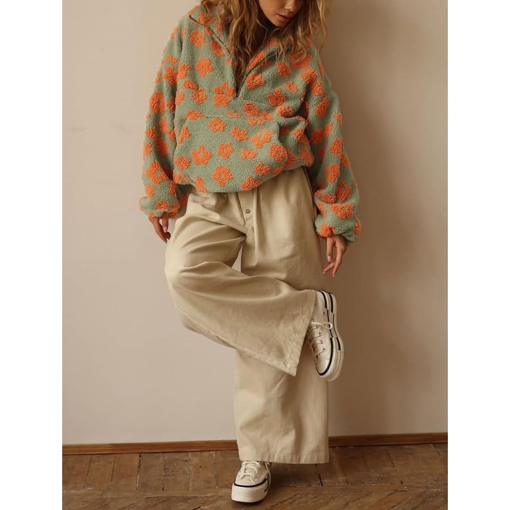 Damskie jesienne bluzy polarowe uroczy kwiatowy nadruk półzamek błyskawiczny sweter z długim rękawem Y2k Sherpa płaszcz z kieszenią