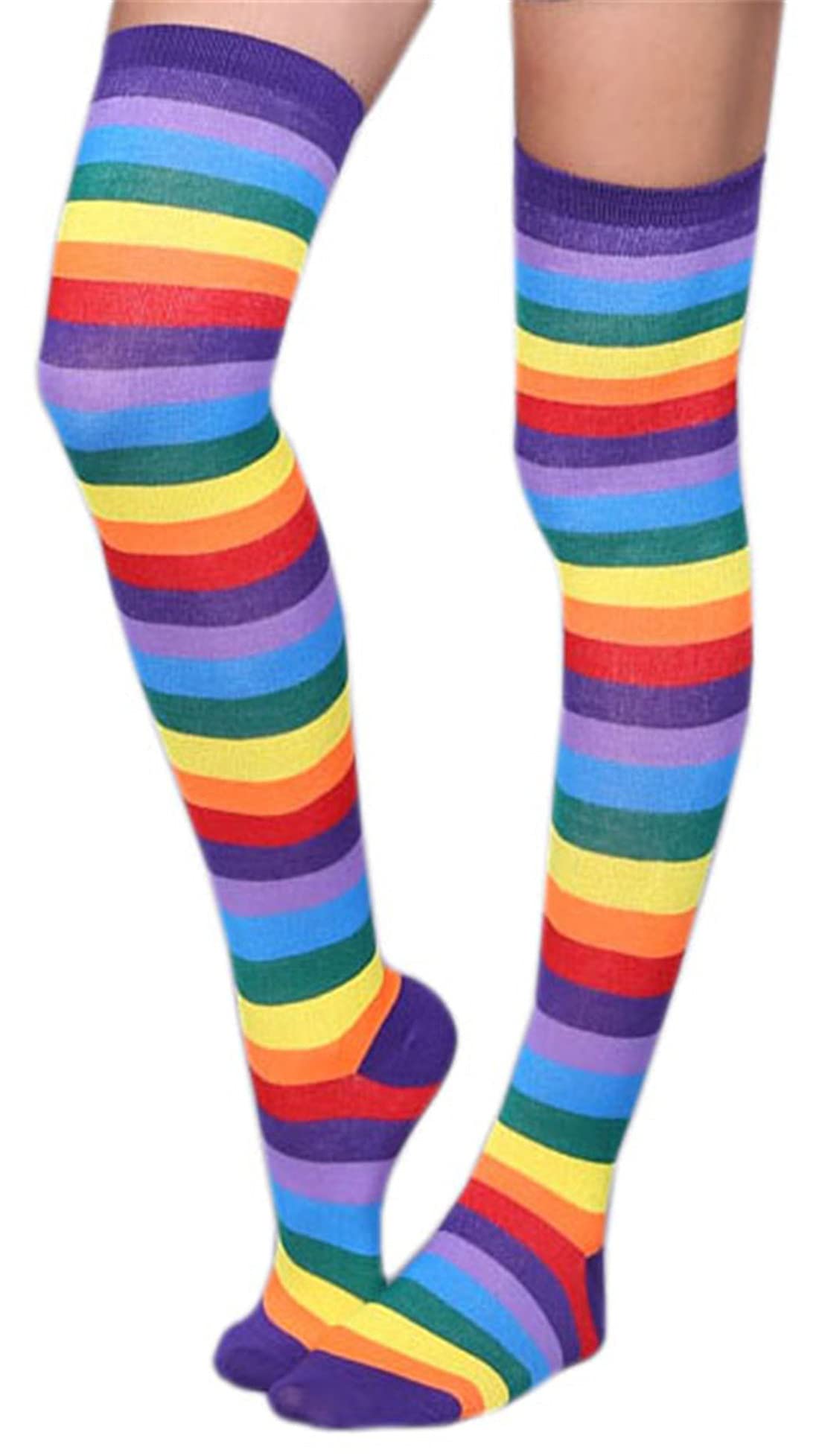 Awlsyj 6 Pair Rainbow Stripes Knee High Socks Long Thigh Socks Halloween Witch Cosplay Stocking Women Girls
