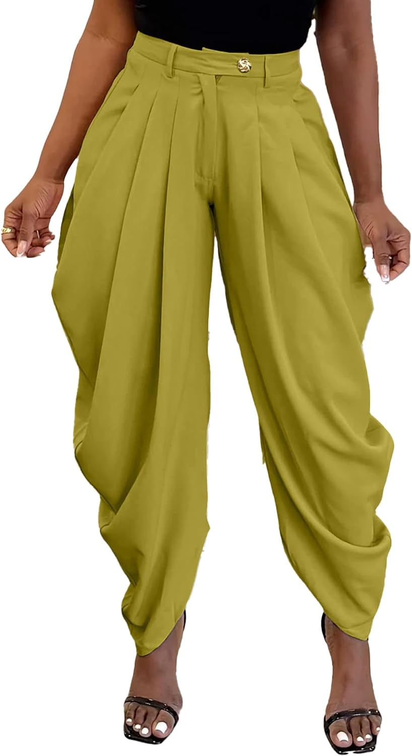 Women's High Waisted Ruched Barrel Pant Baggy Wide Leg Business Casual Trousers Palazzo Harem Pants