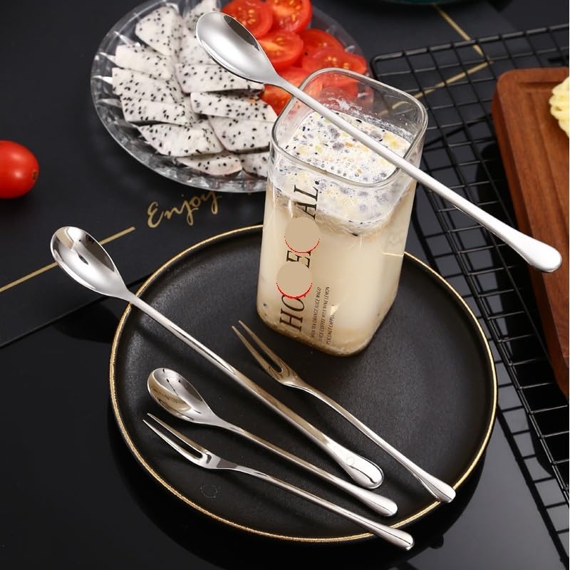 ONUIFIKE Silverware Set, 1/4/6/8/10/12pcs 304 Stainless Steel Long Handle Fruit Fork Creative Dessert Fork, Home Cutlery Flatware Set(6Pcs)