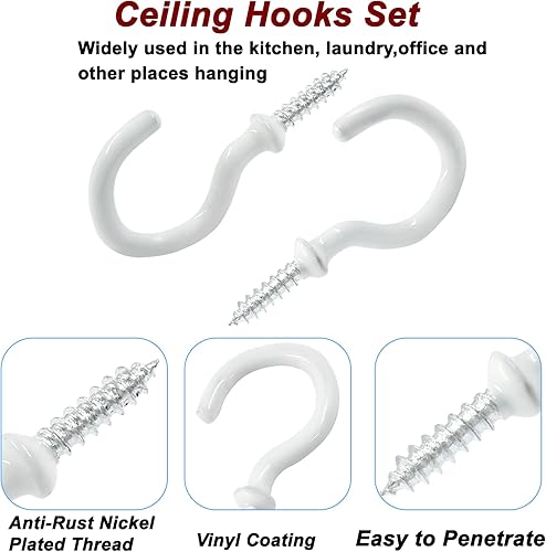 Miniatura 3 de 100 ganchos de techo recubiertos de vinilo de 1 pulgada, ganchos blancos atornillados para taza de techo, gancho de rosca autorroscante para colgar