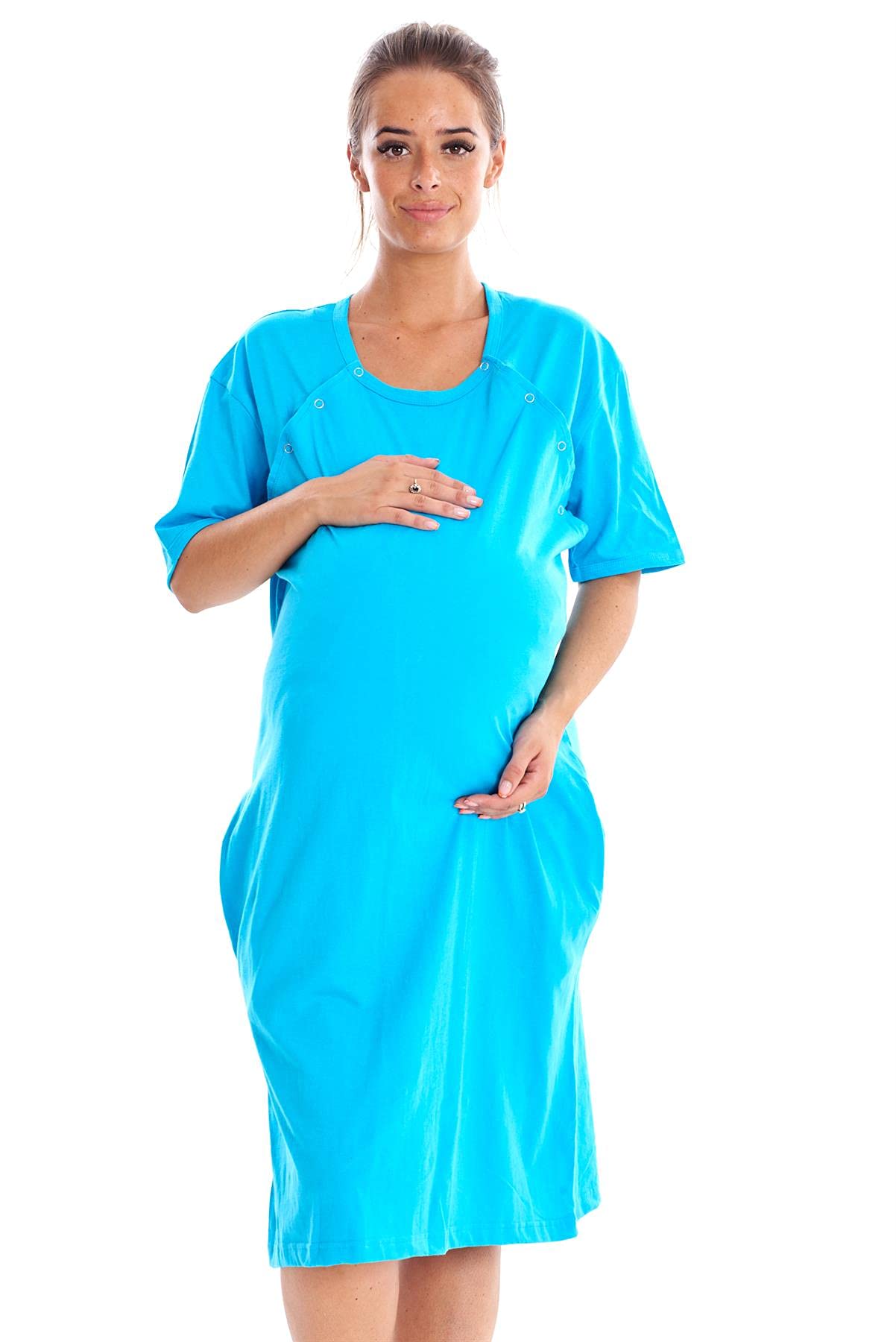 Malay Maternity Nursing Labor Nightdress Hospital Delivery Gown Breastfeeding Buttons Blue