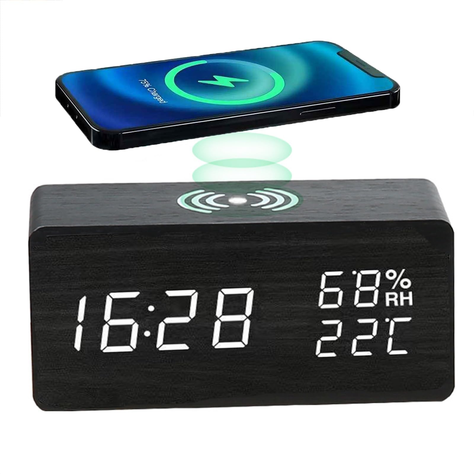 ThreeH Despertador Carga InaláMbrica: DiseñO Madera, Brillo Ajustable, Pantalla Led Fecha - Ideal Mesilla/Escritorio