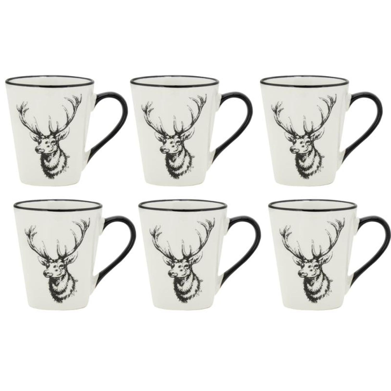 AUBRY GASPARD - Lot de 6 Tasses en Porcelaine - Blanc Brillant avec Liseré et Motif Cerf Noir - Ø 9 cm x Hauteur 10 cm - Compatibles Lave-Vaisselle et Micro-Ondes - Arts de la Table