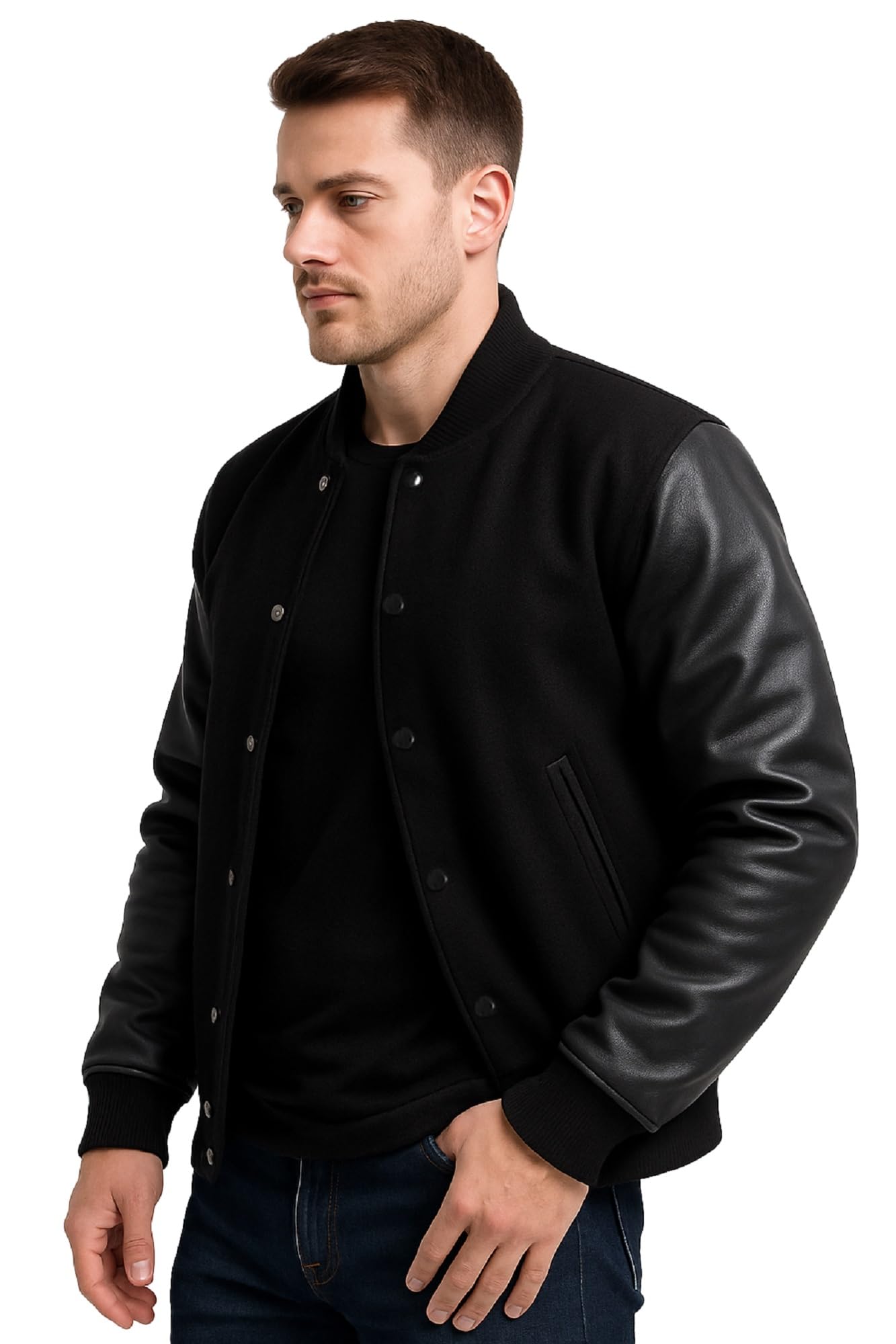 Mens Black Varsity Jacket | College Baseball High School Letterman Bomber Wool + Faux Leather Jacket (XL)