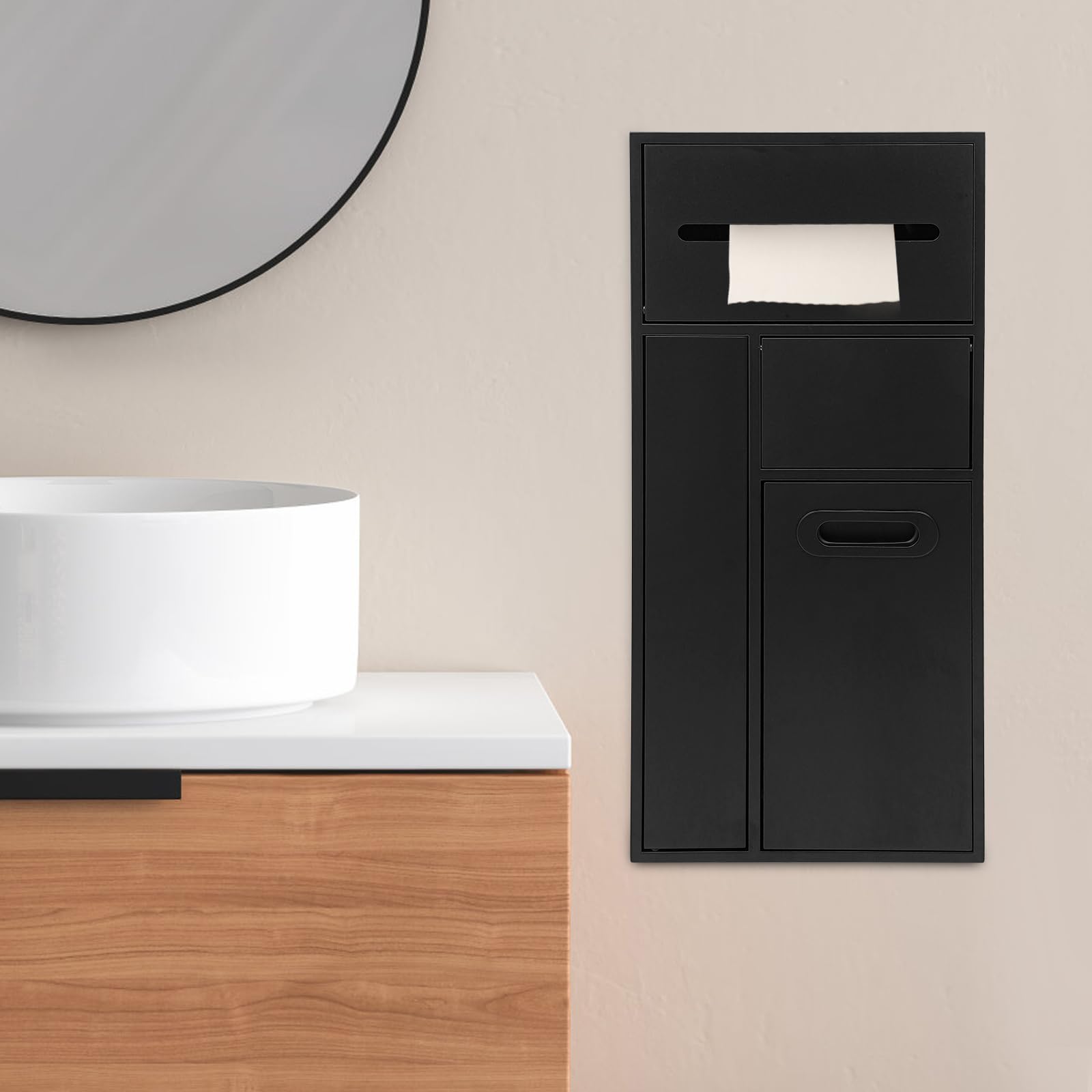 Toilettenpapierhalter Unterputz 3-in-1, Edelstahl Einbau-Mülleimer, Eingebaute Nische mit Toilettenpapier- und Bürstenhalterung, Badezimmer-Schrankmodul, 30x14x65 cm (Schwarz)