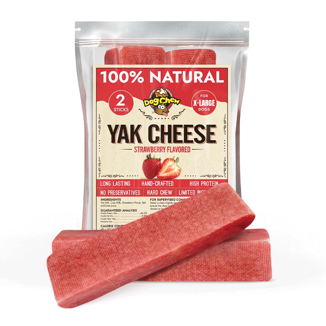 Tibetan Yak Cheese Dog Chew Sticks (2 XL Chews) Strawberry Flavored - Natural, Handmade, Long-Lasting, Easy to Digest, Ideal for Extra Large Dogs and