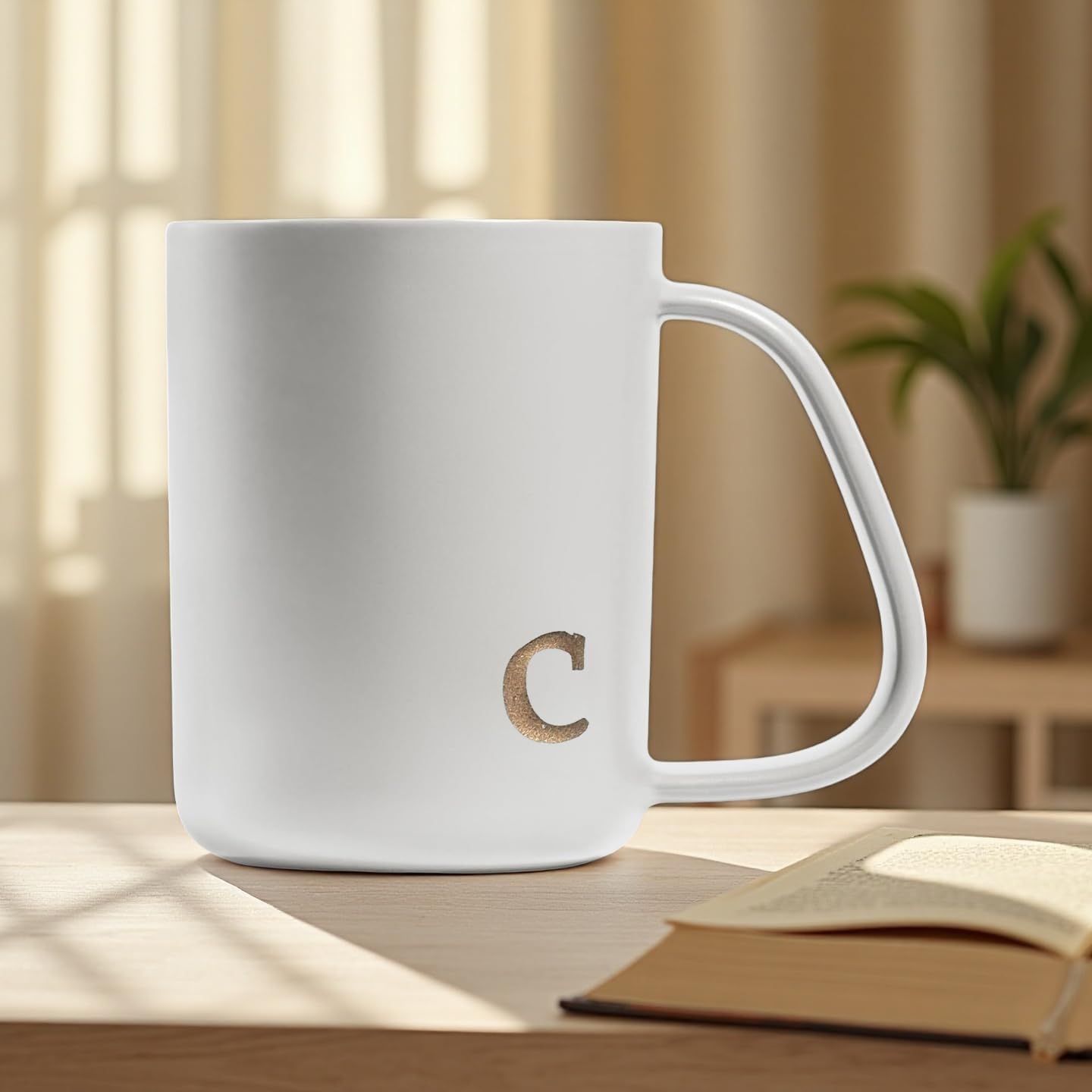 COLLECTIVE HOME - Ergonomic Handle Ceramic Mug, 15 oz Personalized Coffee Cup with Golden Initial, Microwave & Dishwasher Safe, Elegant Monogram Tea Mug in Gift Box for Home & Office (White-c) - Image 6
