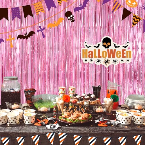 Image of Glitter Pink Party Streamers 2Pack Glitter Foil Fringe Curtain 3.3 x 8.3ft Pink Party Decor Photo Booth Streamers Metallic Tinsel Door Streamer for XmasThanksgiving Engagement Party Decors Streamers