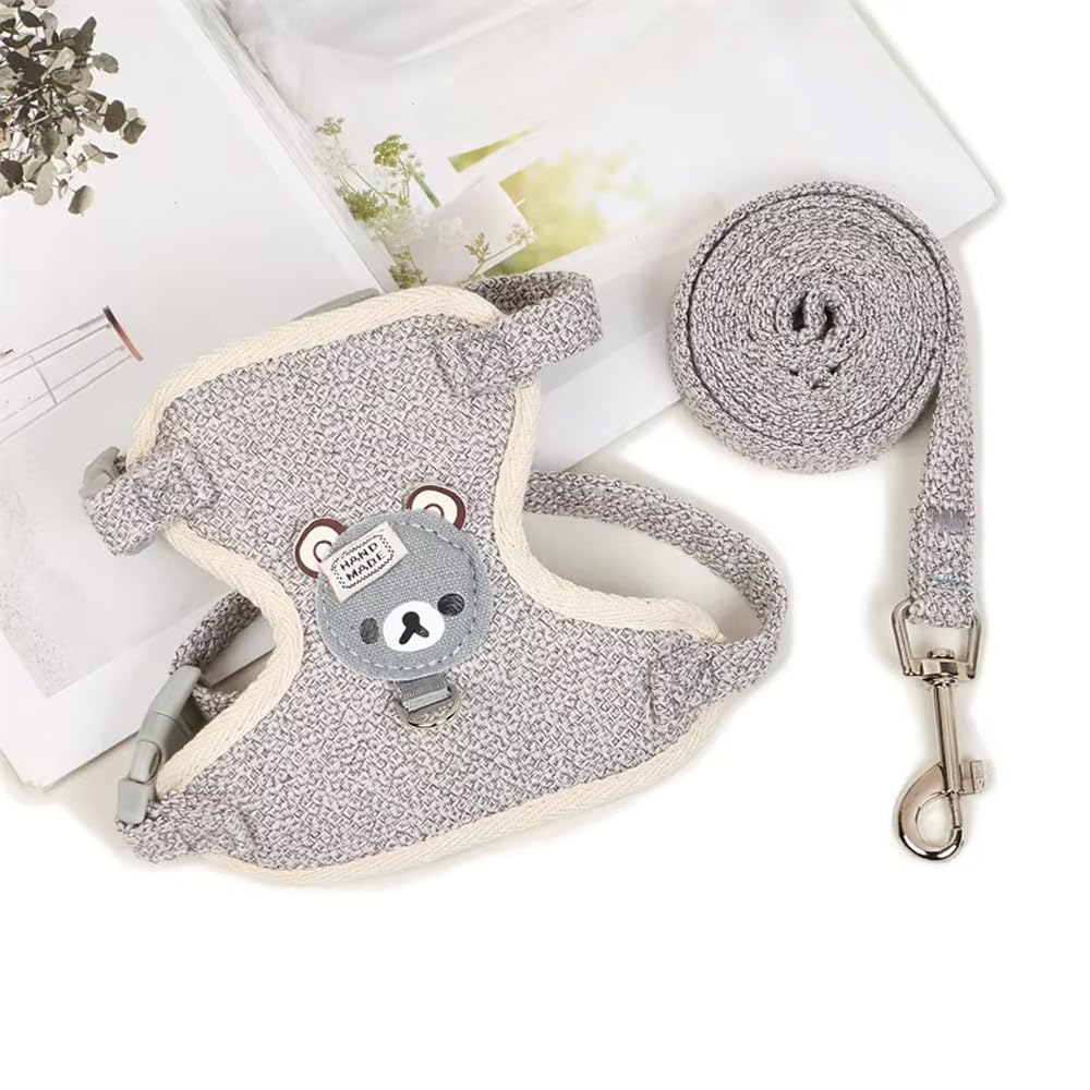 Cute Bear Dog Cat Harness Vest and Leash Set, Adjustable Mesh Material, Available in Blue, Pink, Yellow, Gray Colors (Grey)