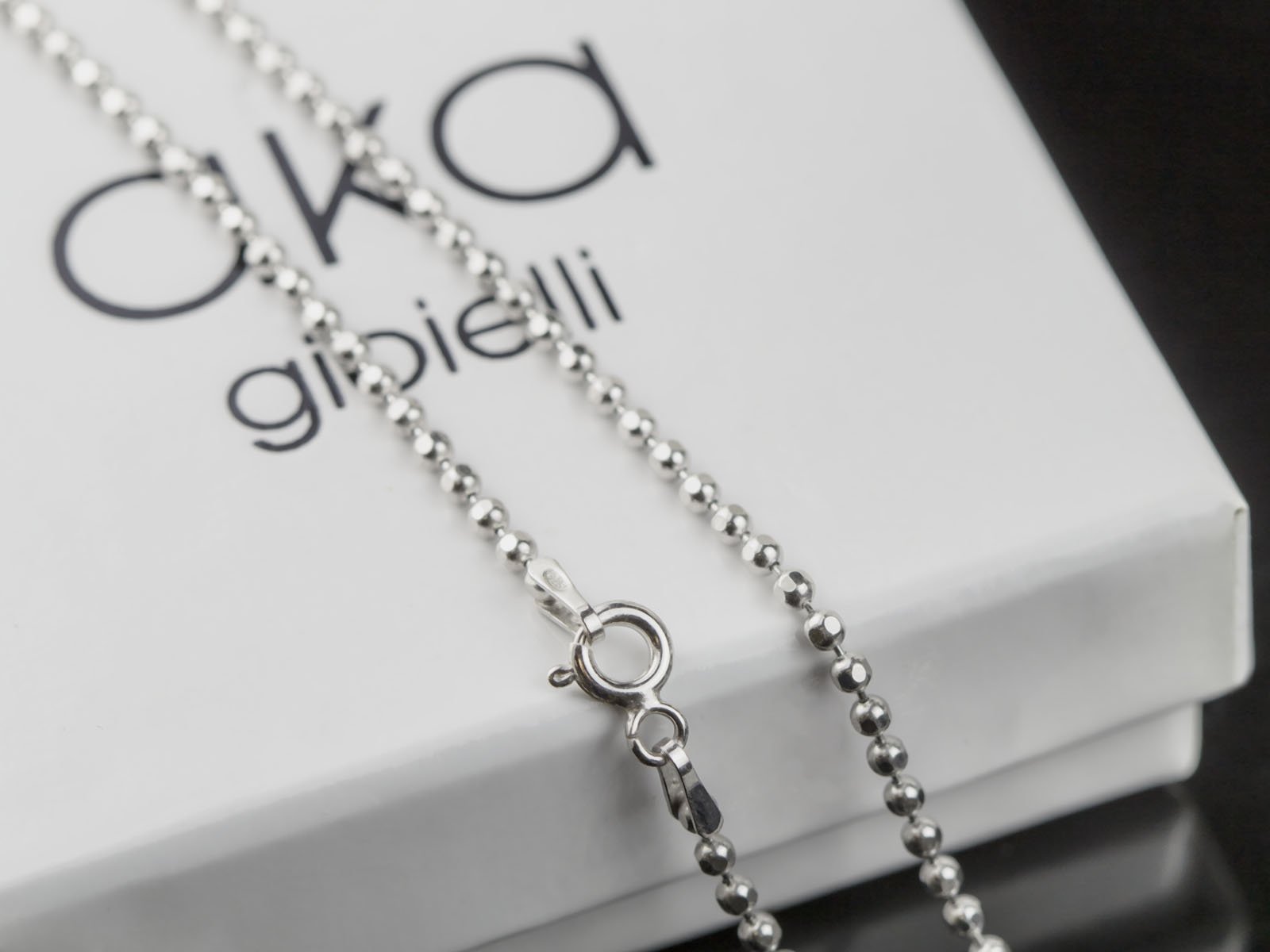 AKA Gioielli® - Cadena de Bolas 2 mm Plata De Ley Esterlina 925 Rodio - Collar Fina Mujer Hombre Longitud: 45 50 55 60 65 70 75 cm