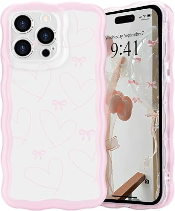 for iPhone 14 Pro 6.1 Case,Simple Curly Wave Frame Clear Case with Aesthetic Bow Design for Girls Women Soft Silicone Protective Phone Cover for iPhone 14 Pro 6.1,Big Heart