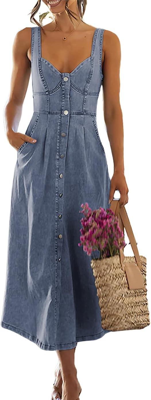 ebossy Stretchy Smocked Denim Dress for Women Sleeveless Babydoll Button Down Midi Long Jean Dresses