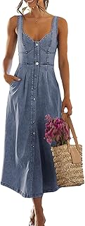 ebossy Stretchy Smocked Denim Dress for Women Sleeveless Babydoll Button Down Midi Long Jean Dresses