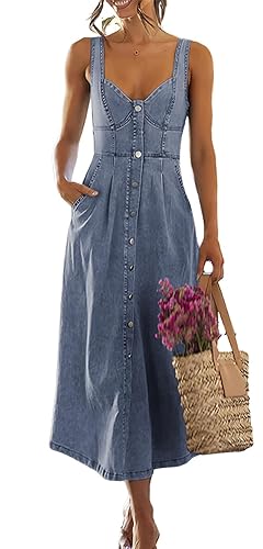 ebossy Stretchy Smocked Denim Dress for Women Sleeveless Babydoll Button