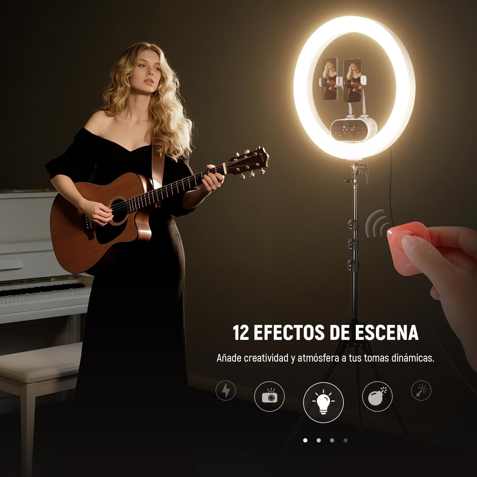 NEEWER 19" 100W Aro Luz LED con Trípode & 3 Soportes Teléfono Compatible con iPhone, 2900-7000 K CRI97+, App & 2,4G Control, Ideal para Selfis Grabación Vídeo Maquillaje Streaming, RH100