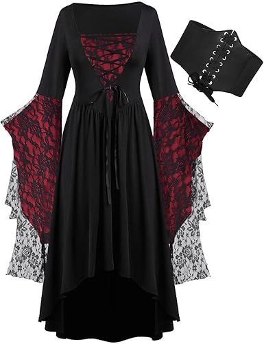 SHOPESSA Disfraz medieval con conjunto de corsé, corsé medieval con botón a presión, disfraz medieval para mujer, talla grande, ropa gótica de