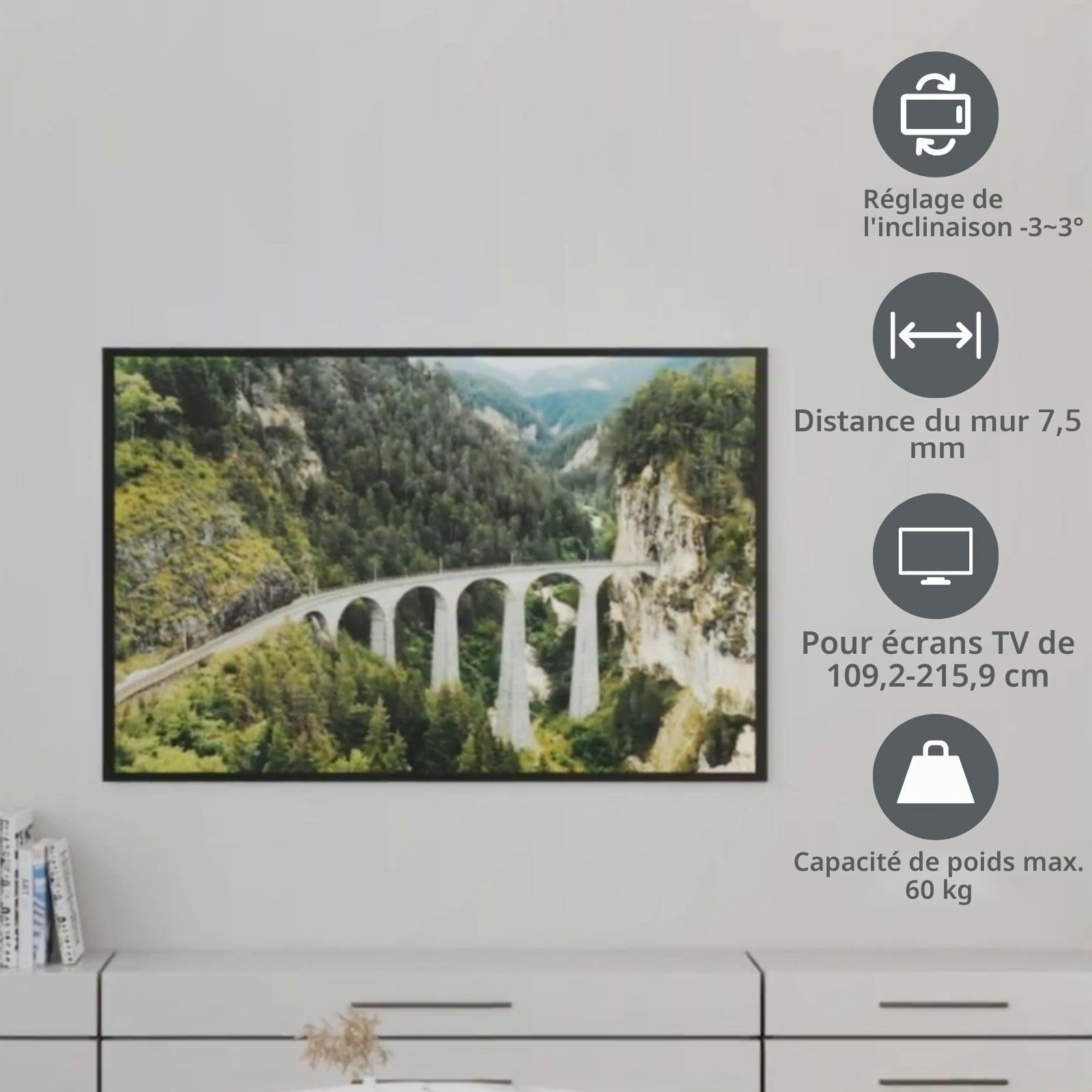 Support TV Mural Fixe - 43-85" - Poids d'écran Maximal Pris en Charge: 60 kg - Distance Minimale du Mur: 7.50 mm - Acier - Noir