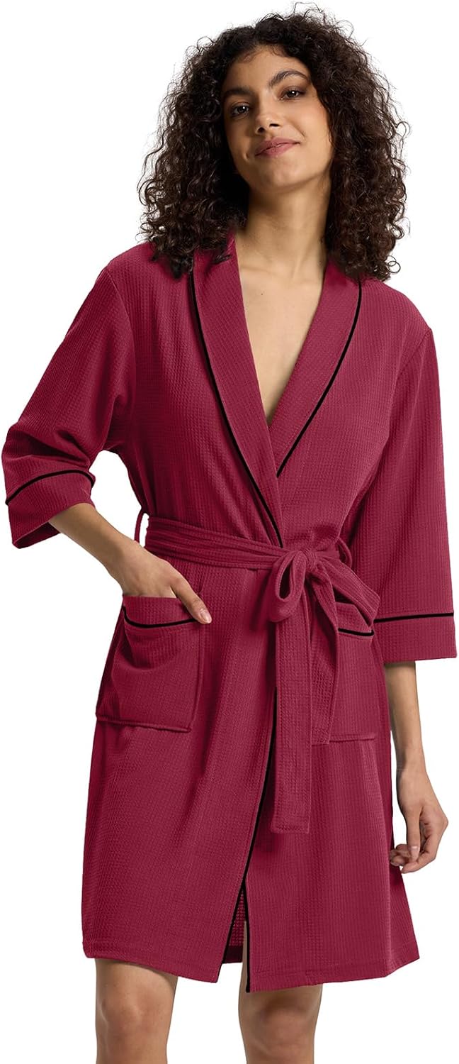 SIORO Summer Waffle Knit Robe for Women, Short Lightweight Bathrobe with Pockets, 3/4 Sleeve Robe with Shawl Collar for Spa