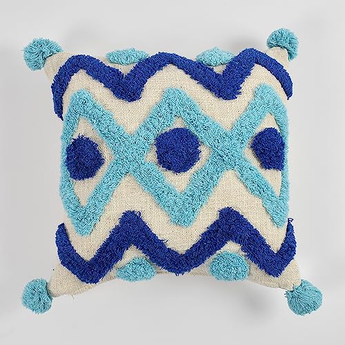 Image of TIB Premium Boho Decorative Throw Cushion Covers, 16 x 16 cm, Set of 2, Cotton. (Blue Geometric)-230 TC