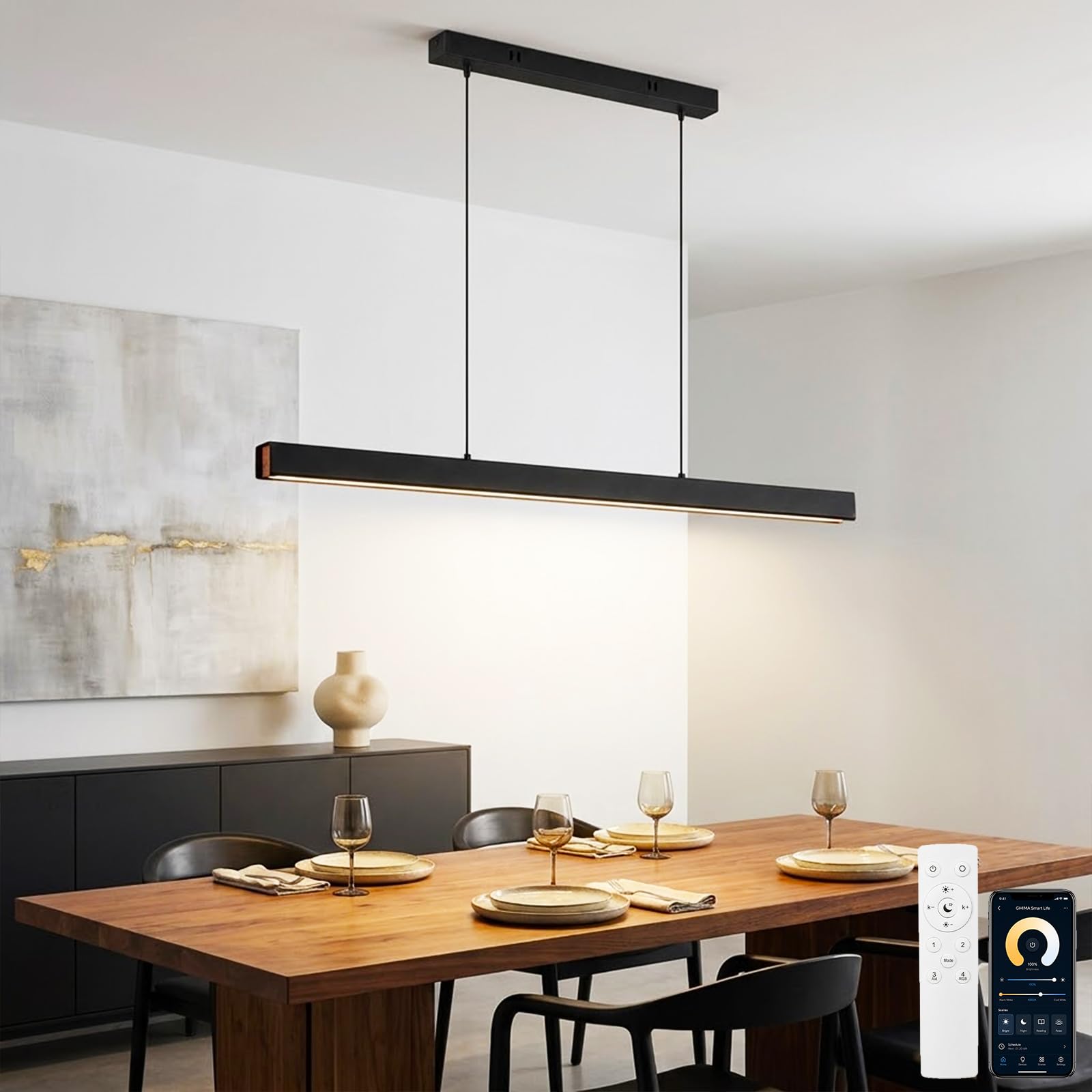 Moderna Lampada a sospensione LED Dimmerabile, lampadario cucina in legno con Telecomando 36W lampadario Lineare Regolabile in altezza, nero per sala da pranzo Ufficio, L100CM