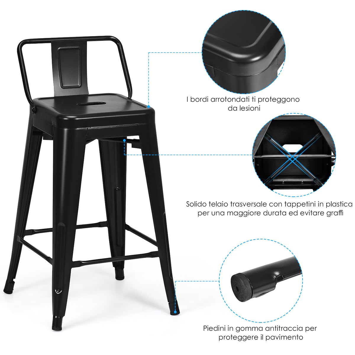 COSTWAY Set di 4 Sgabelli da Bar da 62 cm, Impilabile Sedie da Cucina Alto, in Metallo, con Schienale Rimovibile, Poggiapiedi, Design Industriale (Nero)