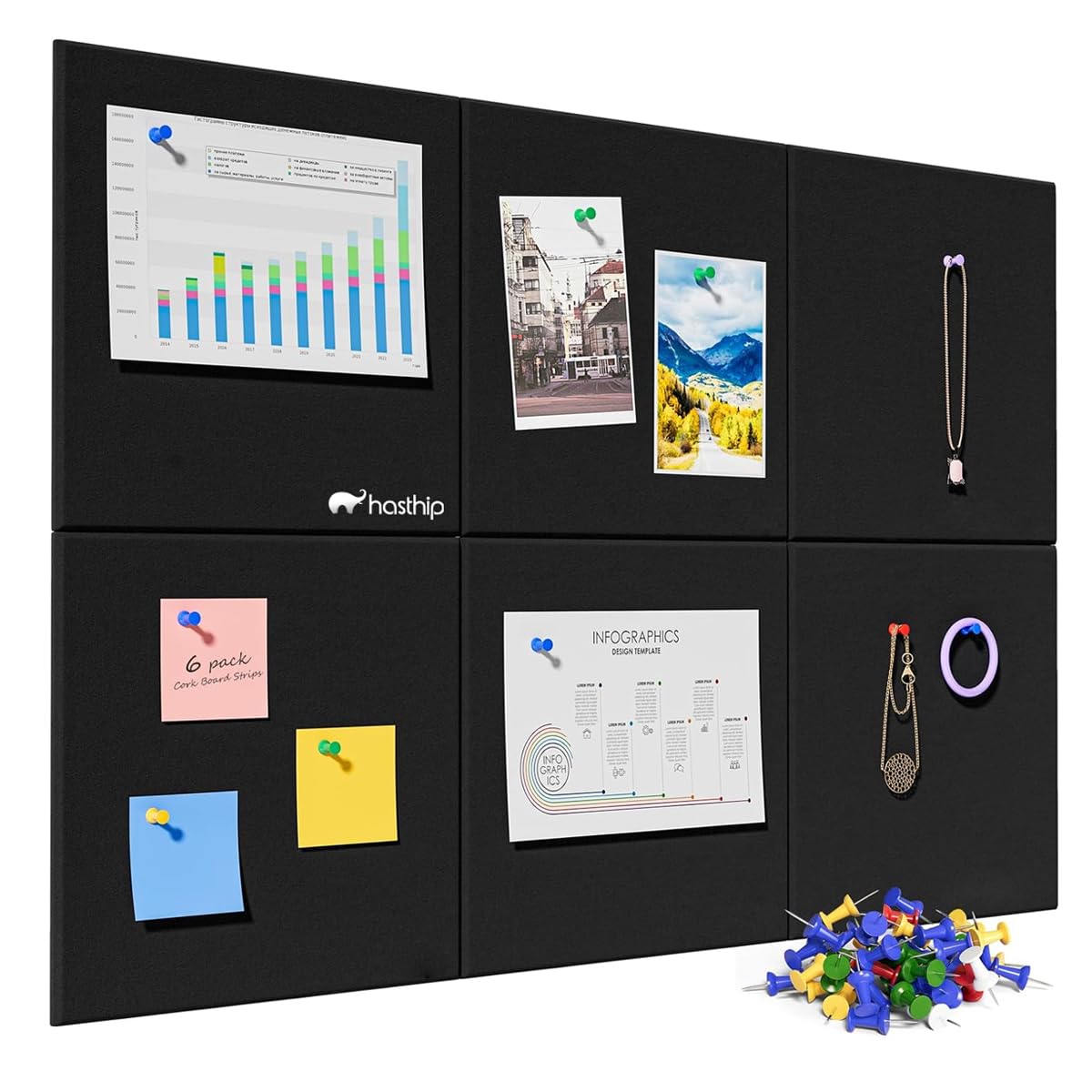 HASTHIP® 6Pcs Felt Bulletin Board, 11.8x11.8inch Self-Adhesive Wall Boards with 50pcs Drawing Pins, Felt Message Board for Paste Notes, Photos, Schedules (Black)-image-32