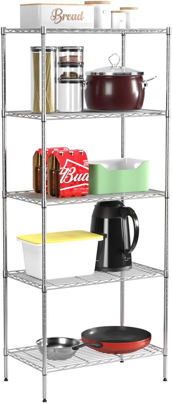 Dopinmin 5-Wire Shelving Unit Adjustable Strong Steel Metal Shelf Shelving Unit with 100-lb Per Shelf for Restaurant Garage Pantry Kitchen Garage 24" L x 14" W x 60" H,Chrome