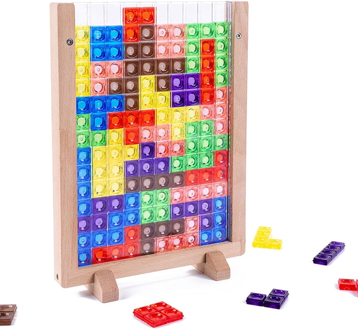 JorunbWooden Puzzle Brain Board Game Intelligent Colorful 3D Plastic Blocks Game with Vertical Wood Frame Game Board Tangram Educational Montessori Toys Gift for Kids Age 4-8 Years Old