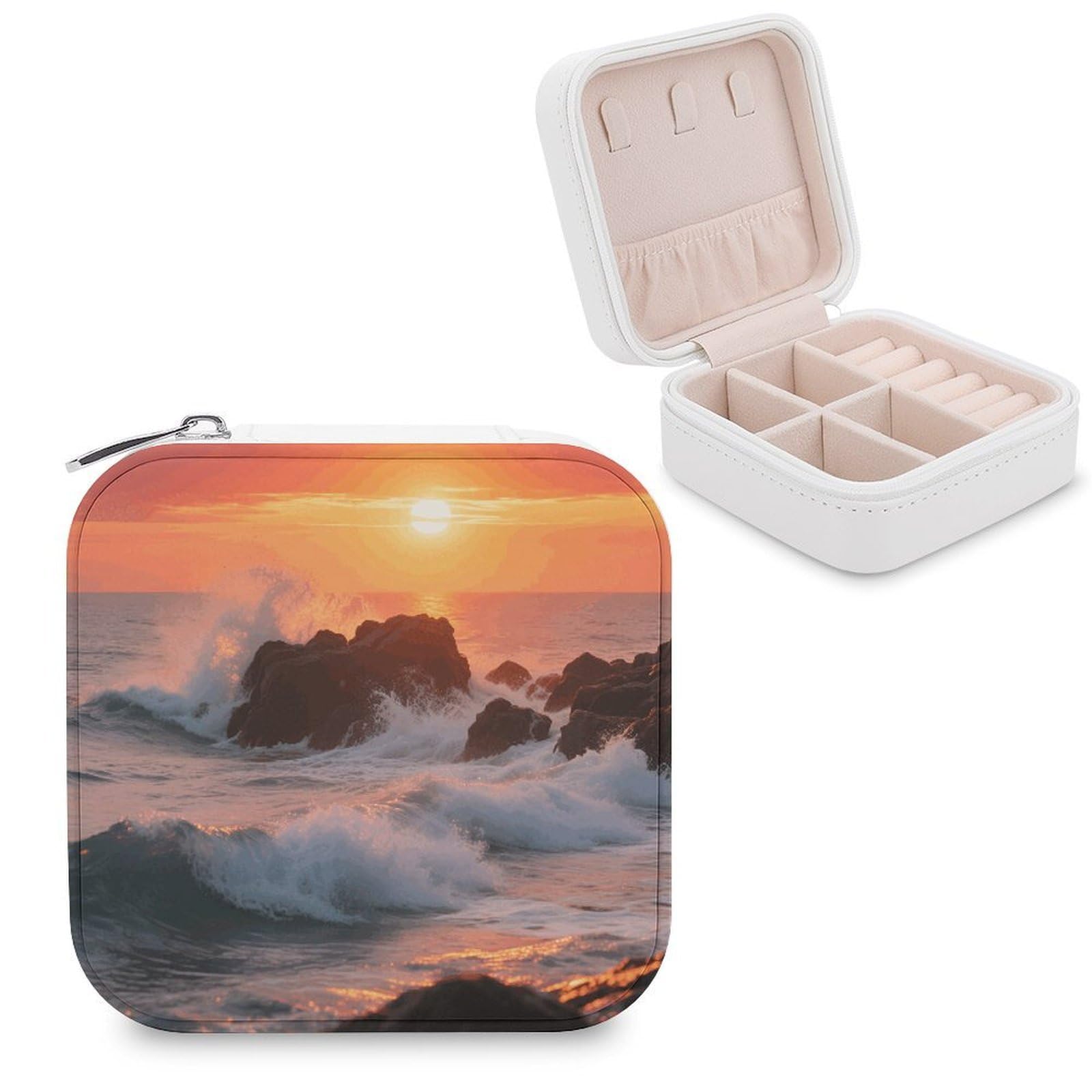 VstaDank Reef at Sunset Jewelry Box for Women Jewelry Organizer Storage Case with Zipper Mini Travel Jewelry Case Cute Trinket Organizer Leather Portable Jewelry Storage Box