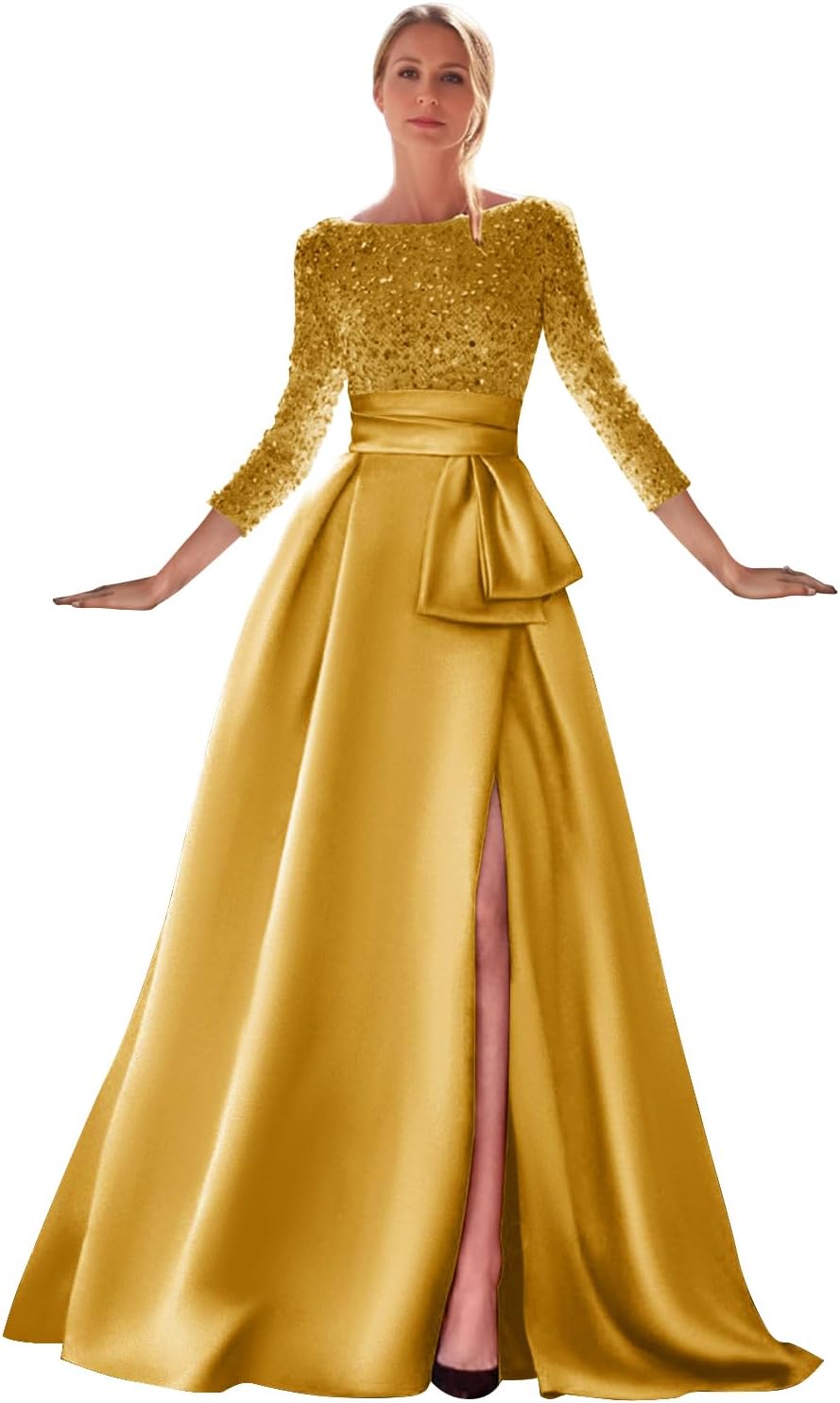 Long Sleeve Prom Dresses with Bow Sequin Ball Gown Satin Formal Evening Dress with Slit - Image 5