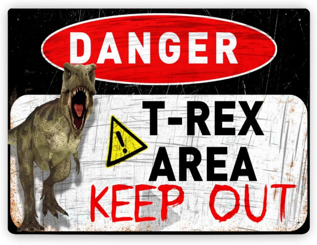 Fjqwklf Boys A337 T-Rex Danger Metal Tin Sign,Dinosaur Room Decor For Vintage Men Room Decor Retro Waterproof Poster Paintings,Metal Wall Decor For Home Bedroom Bar Diner Pub Man Cave Warning Signs,8X12 Inch