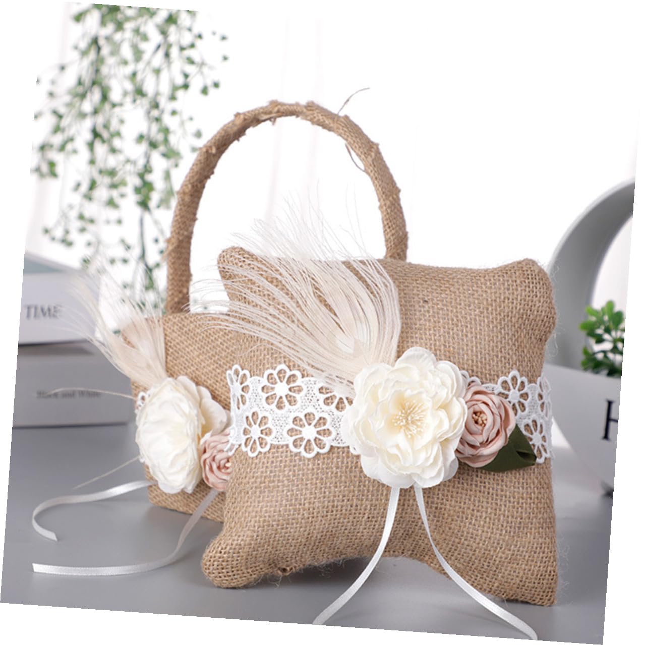 DECHOUS Hochzeitskorb aus Leinen mit Ringkissen Satz für Blumenmädchen zur Hochzeit Hautfreundlich mit Künstlichen Blumen Leichter Blumenkorb für Romantische Trauungszeremonie
