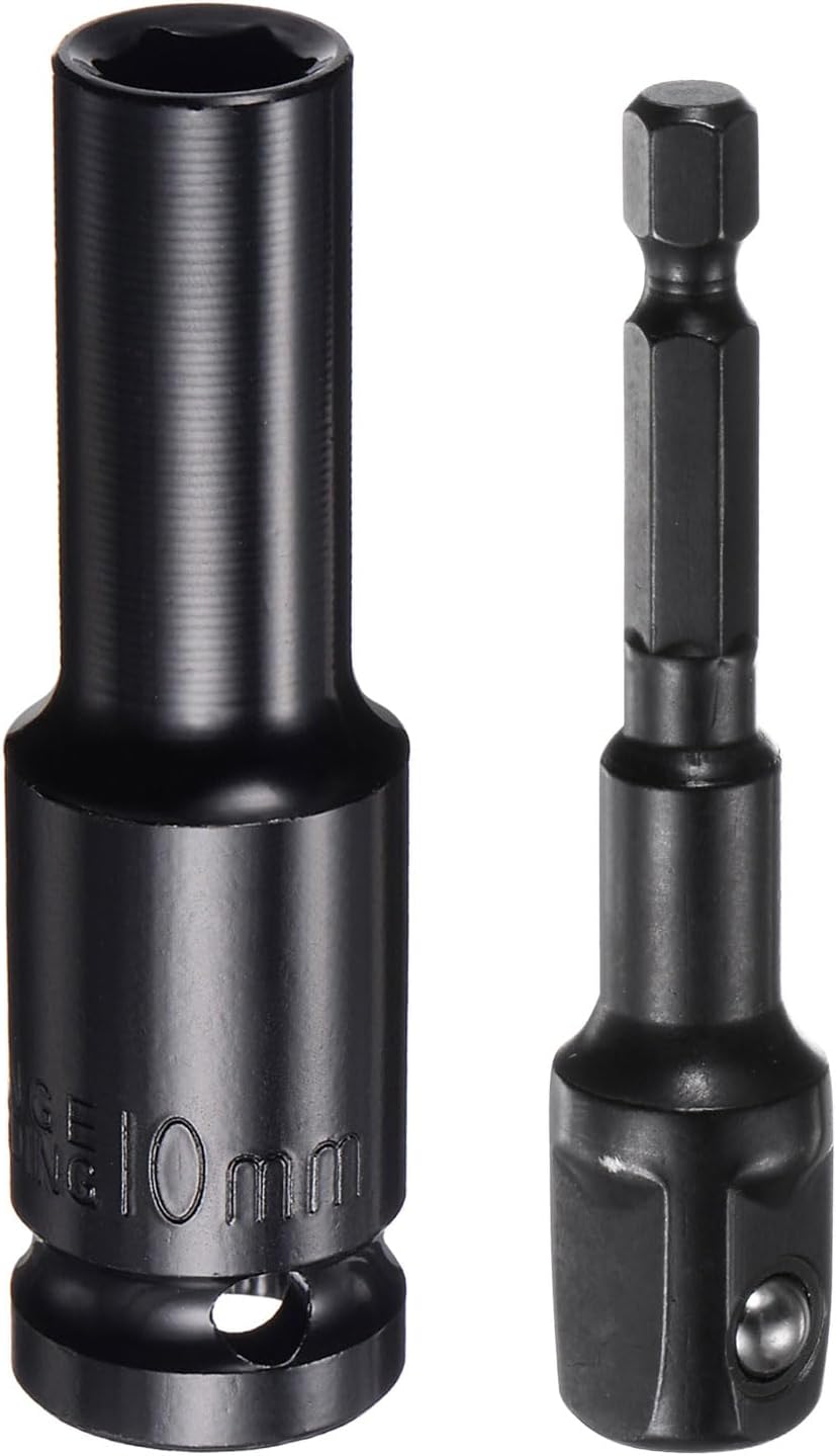 uxcell 1/2" Drive 10mm 6-Point Deep Sockets 3" Length with 1/2" to 1/4" Hex Shank Adapters Phosphate Coated, CR-V Steel Socket Adapter Accessory Set Kit for Hex Bolts Nuts
