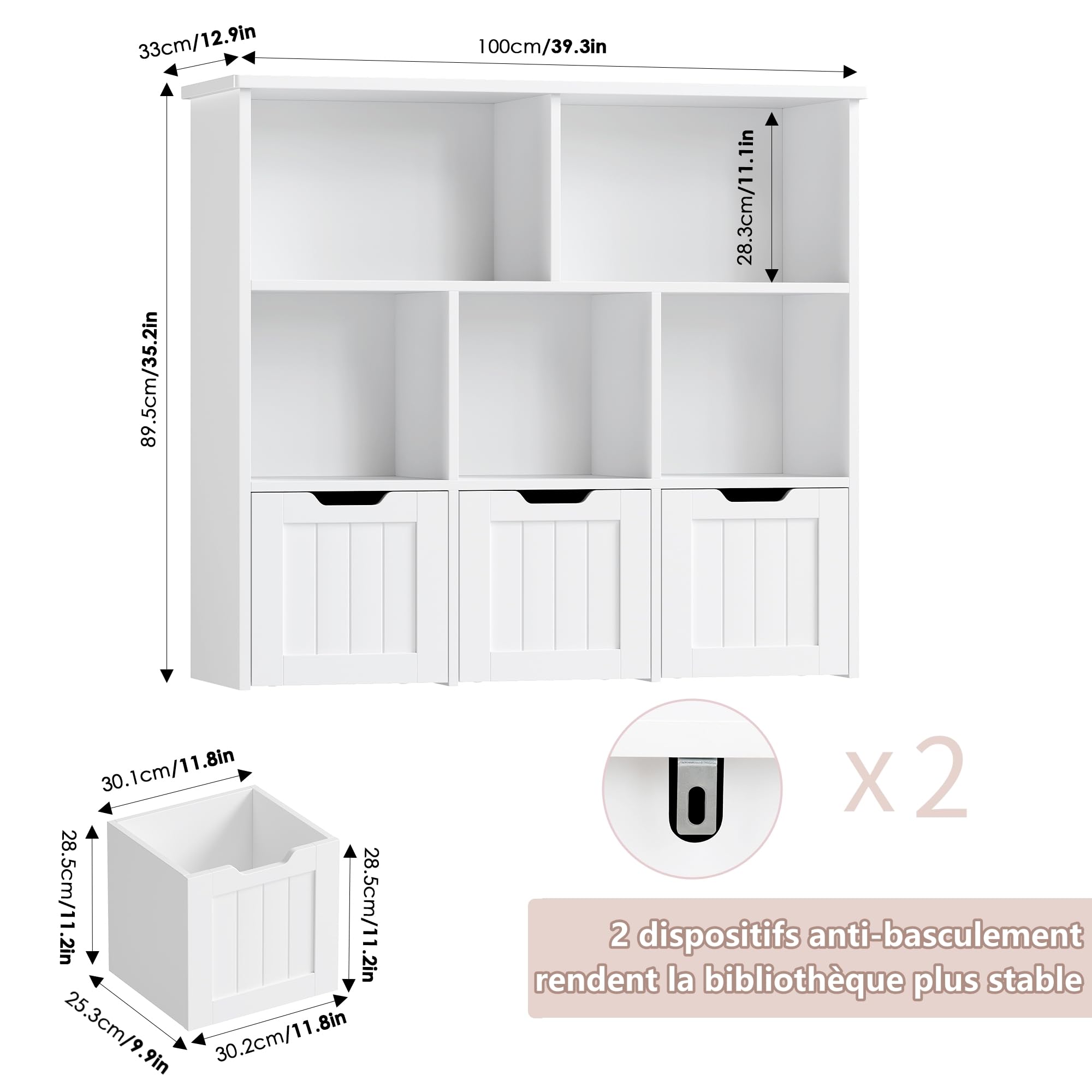 FOREHILL Meuble de Rangement Enfant Rangement Jouet Enfant avec 6 Étagères 3 Tiroirs Roulants Bibliothèque pour Chambre d’Enfant 100x33x89.5cm Blanc