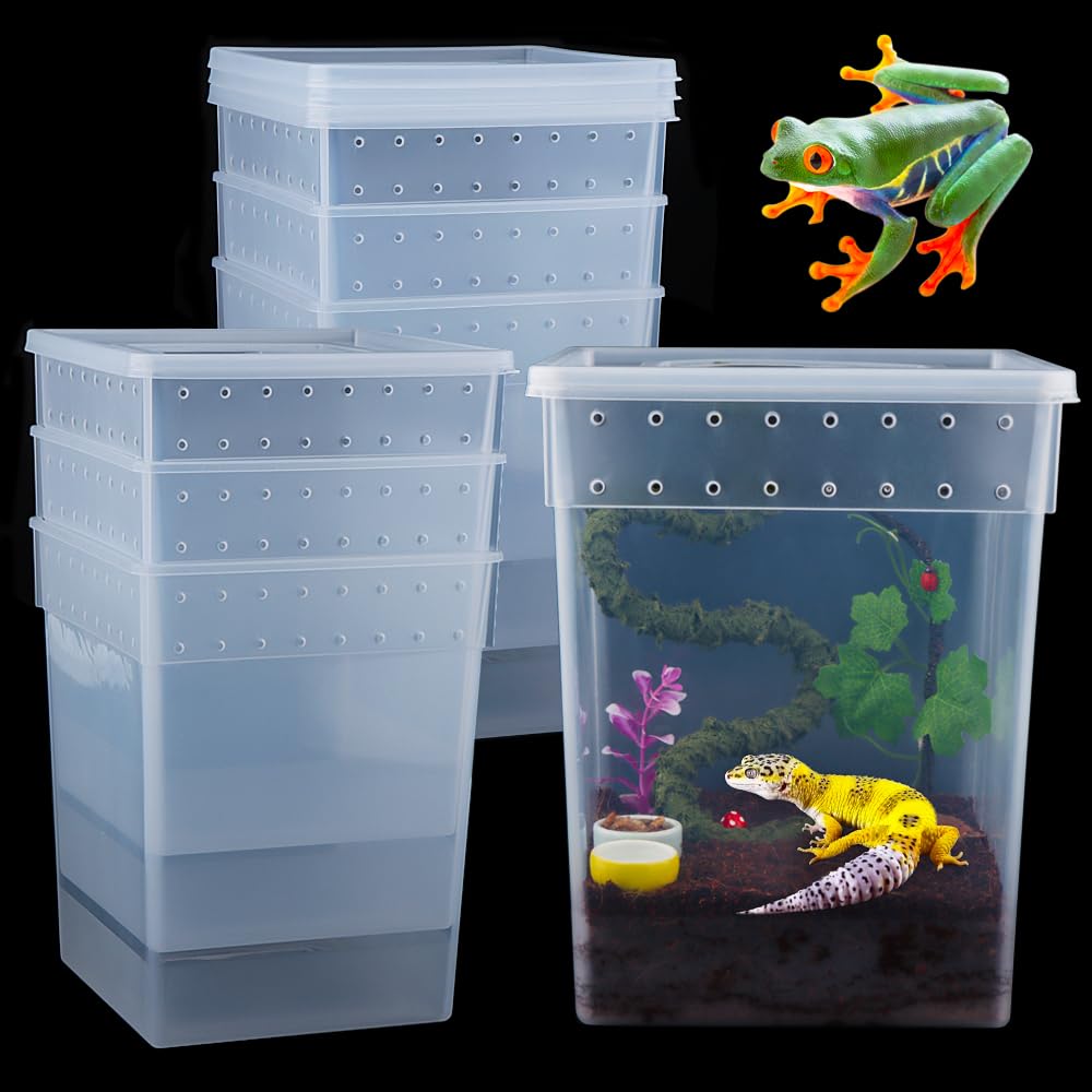 Paquete de 7 cajas de alimentación de reptiles de gran tamaño Gecko de plástico transparente para serpiente, árbol, rana, dragón barbudo, lagarto, araña, mantis rezando (7.8 x 7.8 x 9.8 pulgadas)
