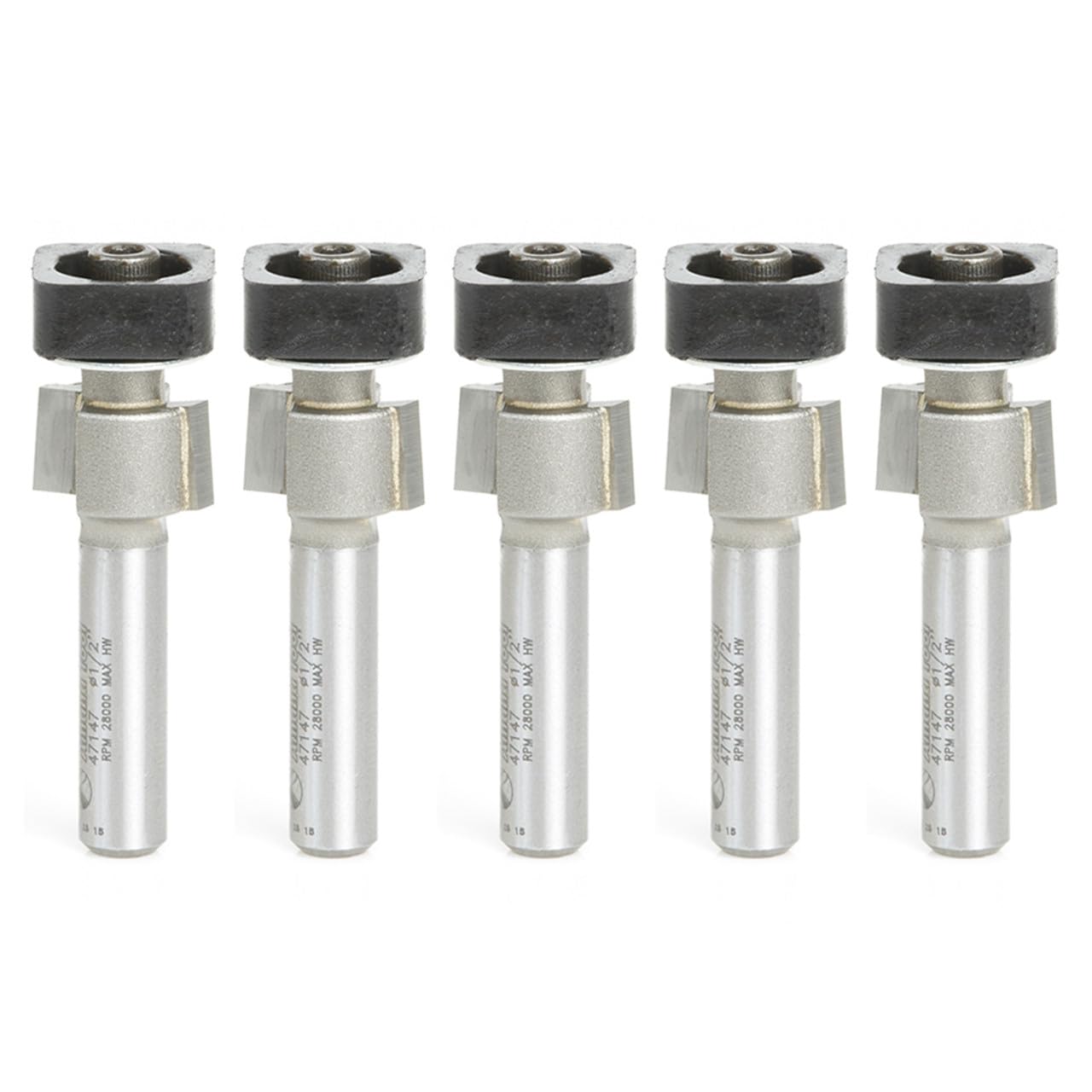 Amana Tool 47147-5 5-Pack Laminate Trimmer with Euro TM Square Bearing 1/2 Dia x 19/64 Cut Height x 1/4 Inch Shank Carbide Tipped Router Bits