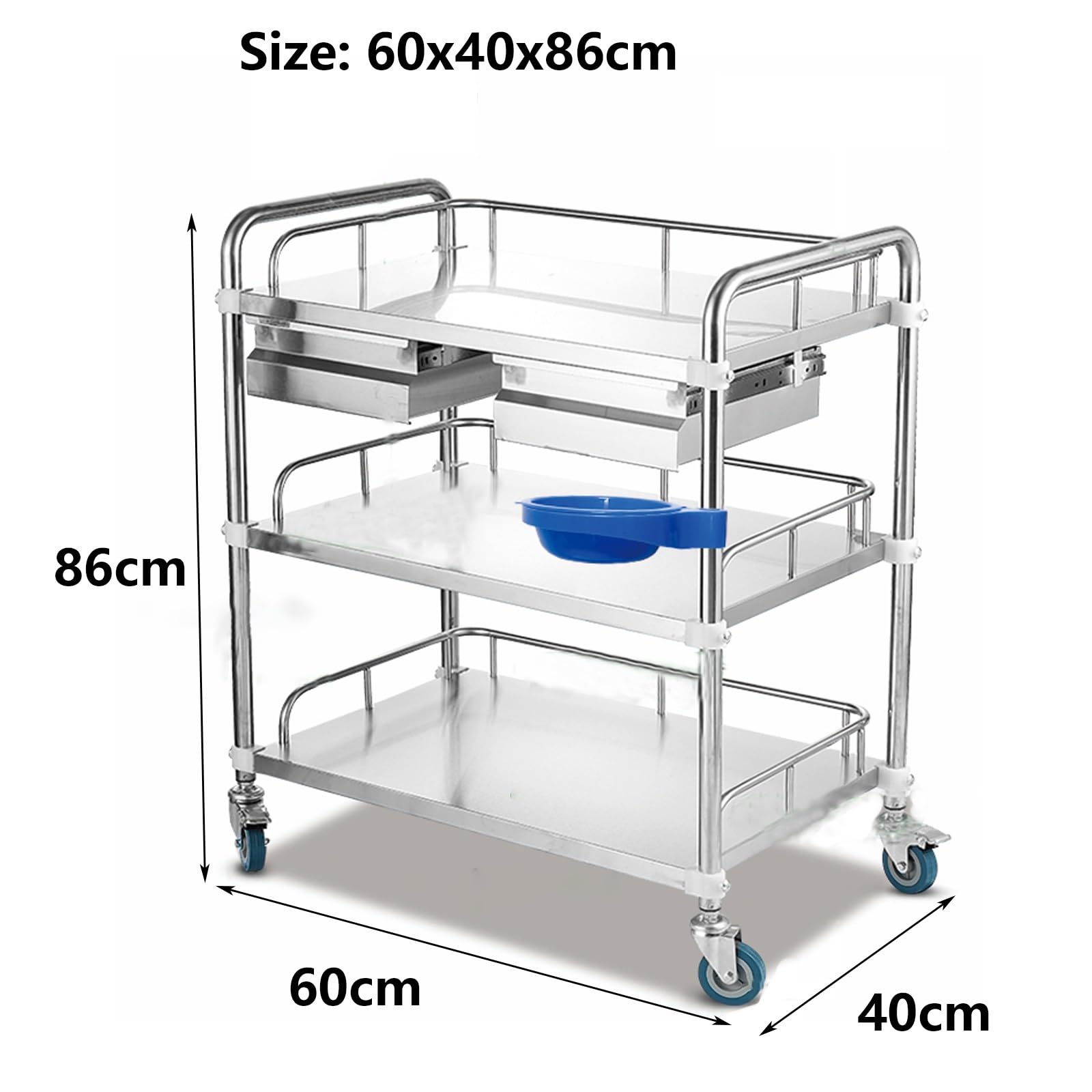 Labor-Servierwagen, 3-lagiger Rollwagen Aus Edelstahl Mit Zwei Schubladen Zahnarztwagen Mit Feststellbaren Rädern Und Einem Eimer, Für Labor, Krankenhaus, Zahnarztgebrauch(60x40x86cm)