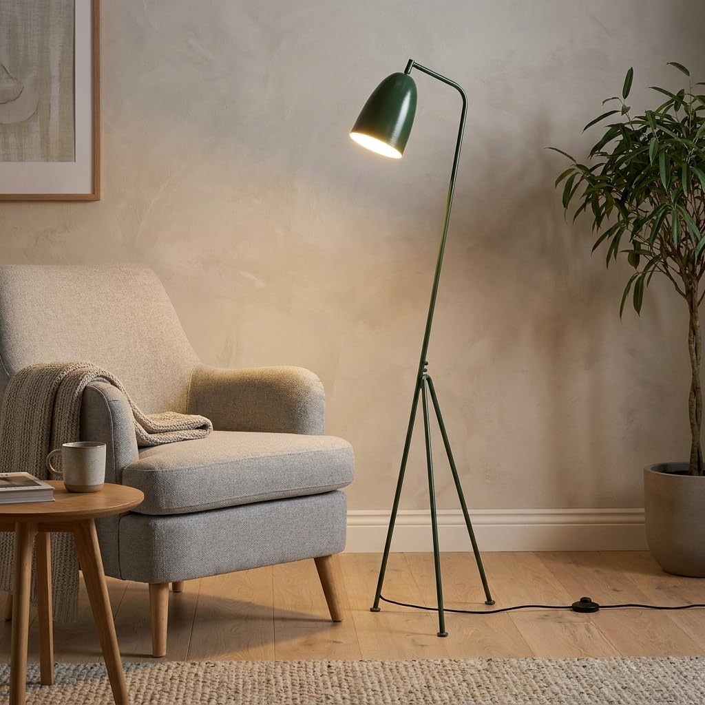 BARCELONA LED Lampada da Terra Design Shoppen Verde, Piantana Treppiede Mid Century Moderna, Paralume Orientabile E27, Lampada da Lettura Scandinava Vintage per Salotto Camera