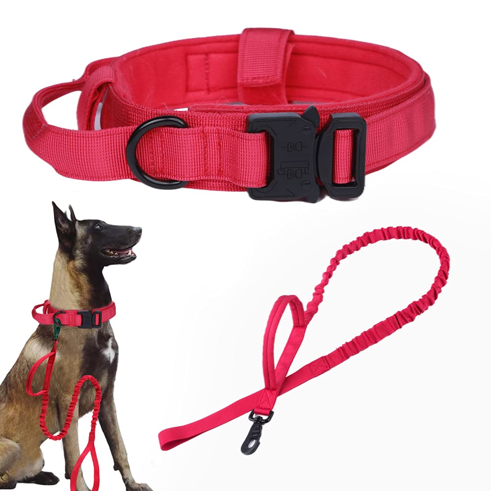 Xqpetlihai Tactical Dog Collar and Leash Set Adjustable Military Nylon Dog Collar with Control Handle and Heavy Duty Metal Buckle for Large Dogs（Red