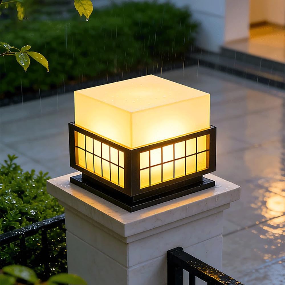 Imitation Marble Lampshade Post Light Outdoor Waterproof Black Column Light Hardwired E26 Housing Pillar Lamp Landscape Path Lighting Modern Gate Pedestal Lighting Fence Deck Lantern Mailbox Pier Lamp