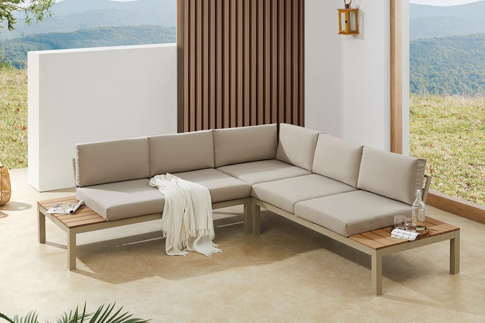 Riess Ambiente Garten Sitzgruppe Miami Lounge - 240cm - Champagner Greige - Aluminium WPC - wetterfest Outdoor inkl. Kissen