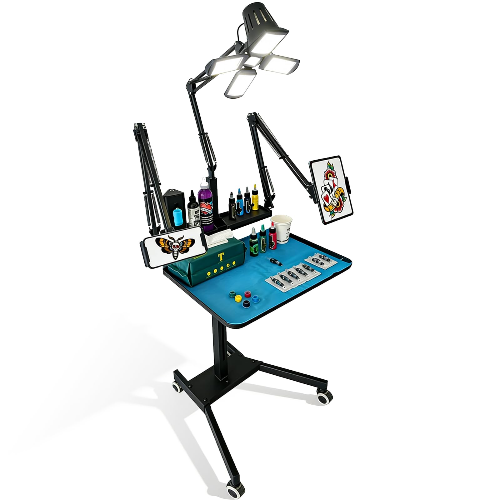 GBK Tattoowagen mit LED-Licht, höhenverstellbarer mobiler Tattoo Tisch mit Tablet- & Handyhalter
